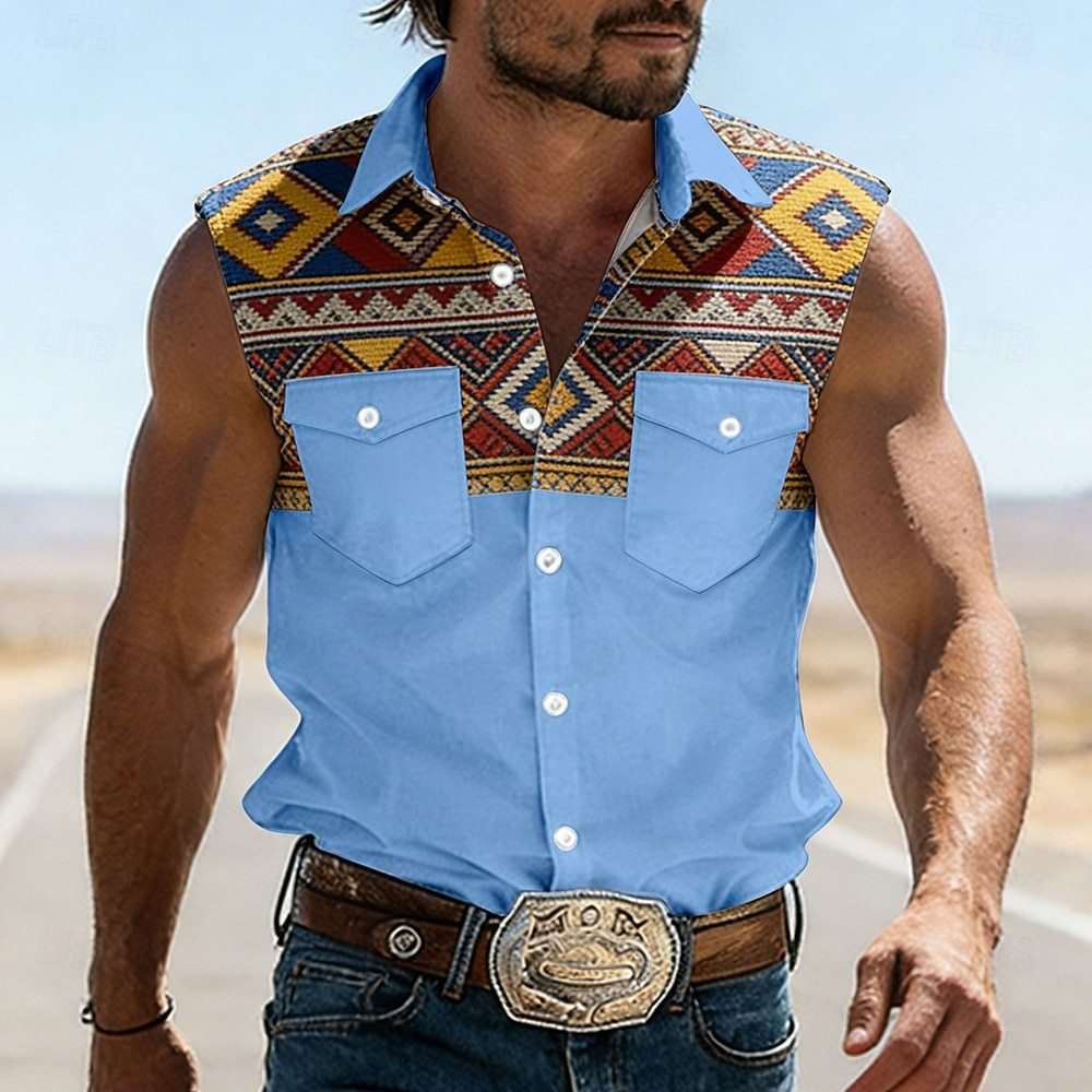 Mens Lapel-Neck Printed Pocketed Sleeveless Shirt