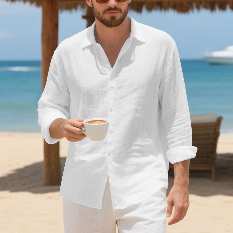 Plus-size Mens Linen American-style Loose-fit Hawaiian Casual Long-sleeve Shirt