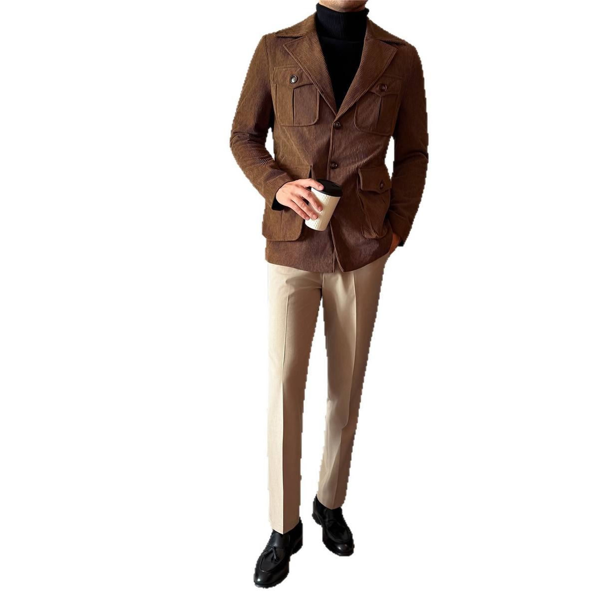 Mens Casual Corduroy Mid-length Coatsuit