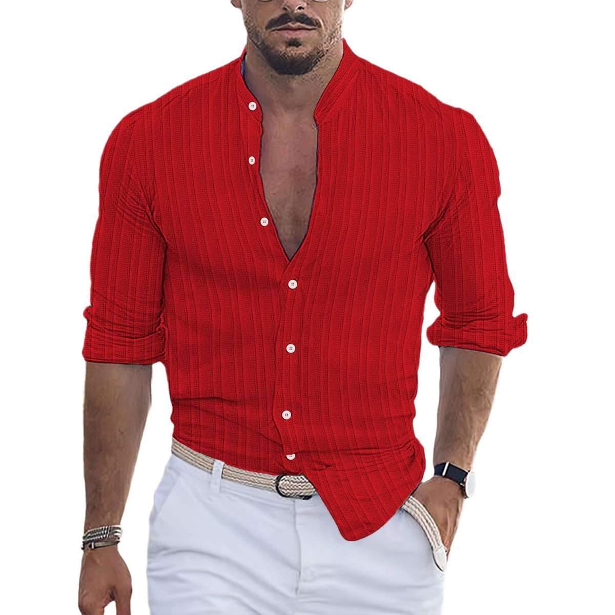 Striped Jacquard Casual Loose-fit Long-sleeve Shirt In Multiple Colors