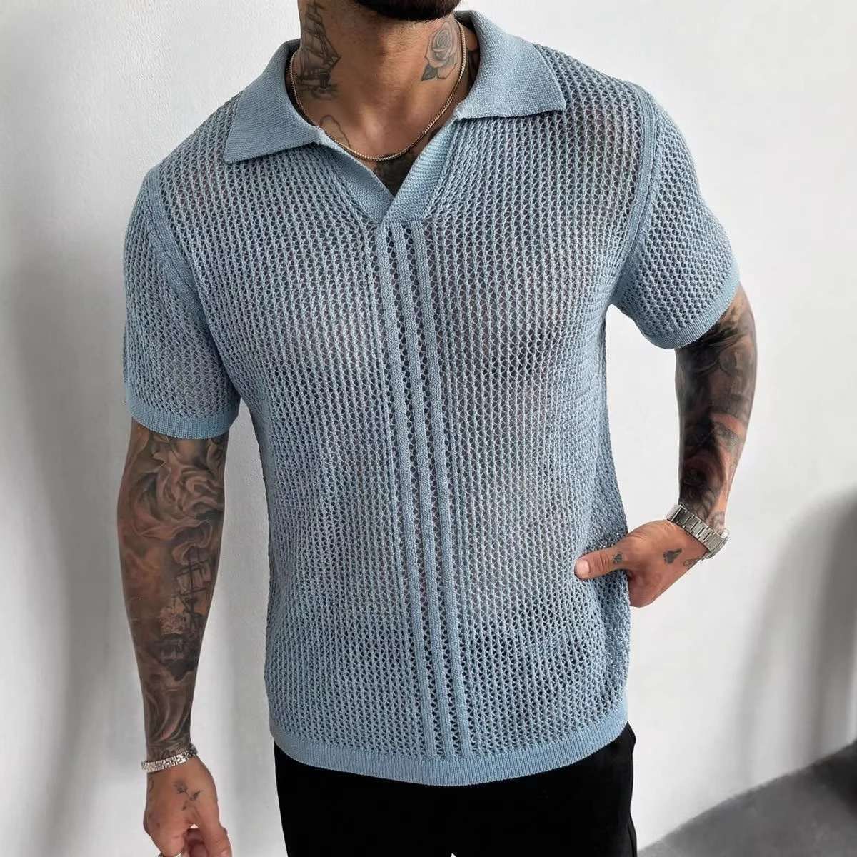 Mens Light Blue Mesh Hollow-Out Knitted Polo Shirt