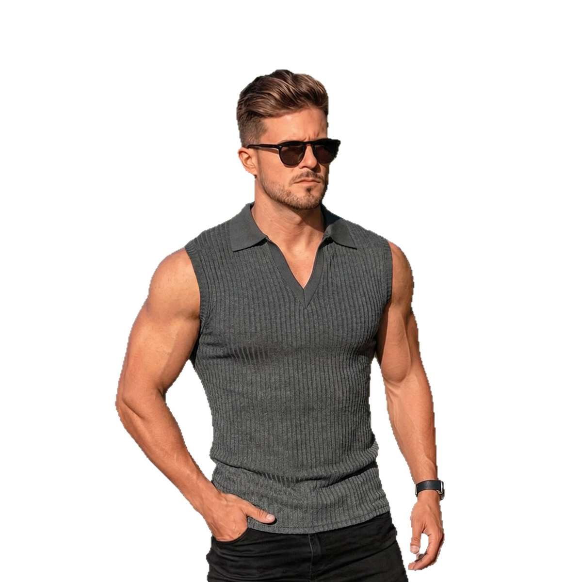 Mens Polo-collar Vertical-striped Sleeveless Vest