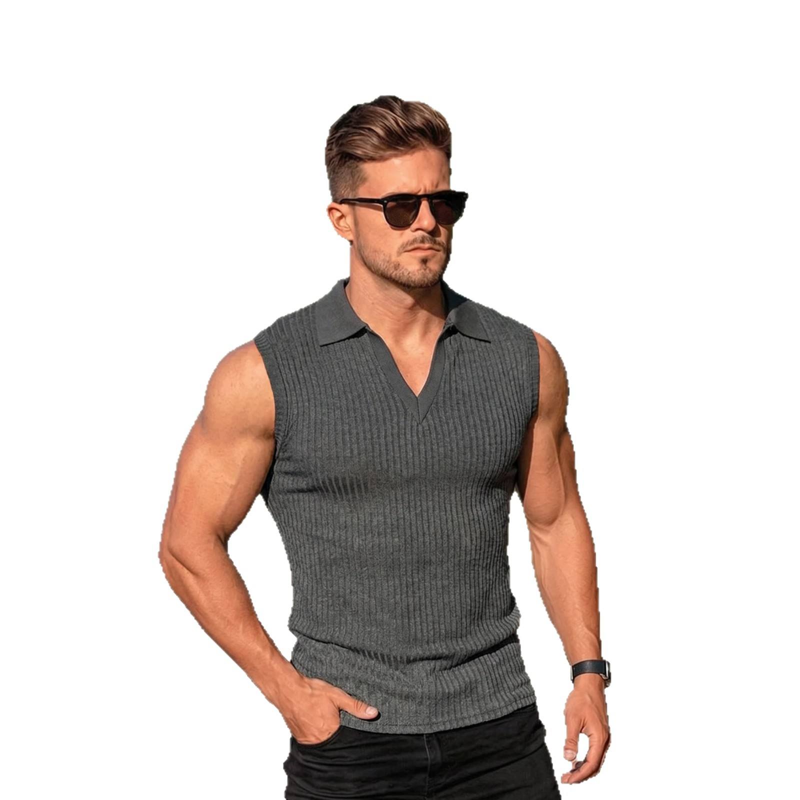 Mens Polo-collar Vertical-striped Sleeveless Vest