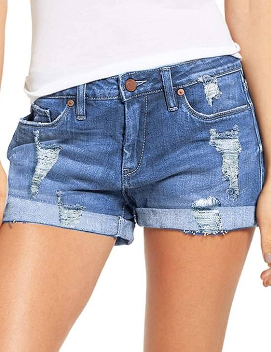 Womens Straight-leg Stretchy Ripped Denim Shorts