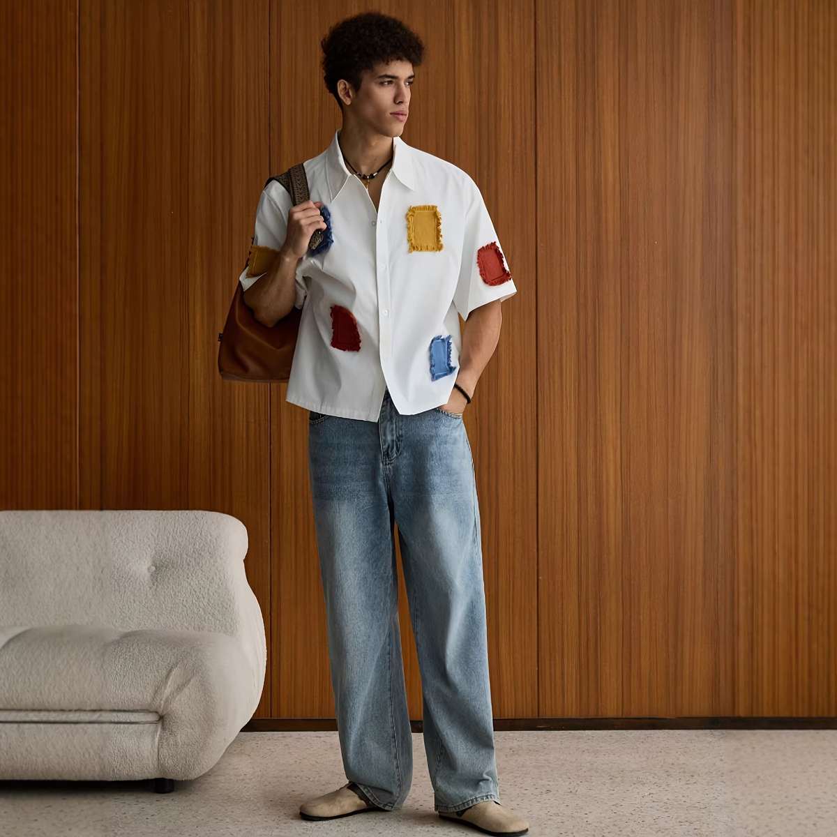 Mens Casual Contrasting Color Short-Sleeve Shirt
