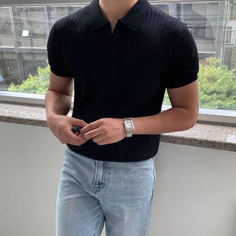 Summer Mens Slim-fit Lapel Solid-color Casual Lightweight Half-sleeve Trendy Stylish Top