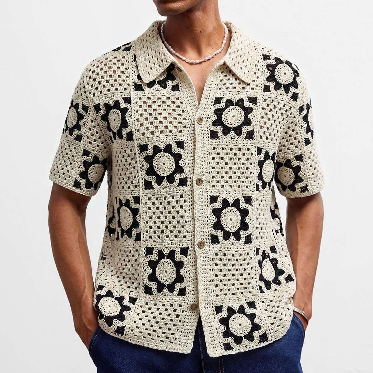 Mens Summer Hollow-Out Crochet Short-Sleeve Shirt