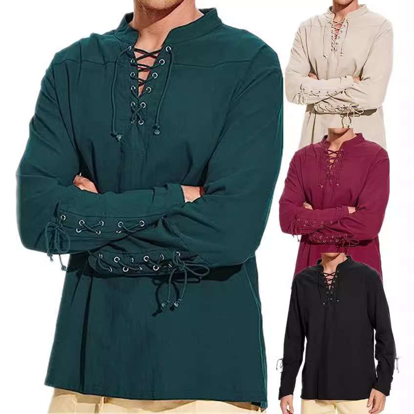 Mens Plus-Size Casual Cotton-Linen V-Neck T-Shirt