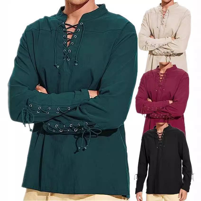 Mens Plus-Size Casual Cotton-Linen V-Neck T-Shirt