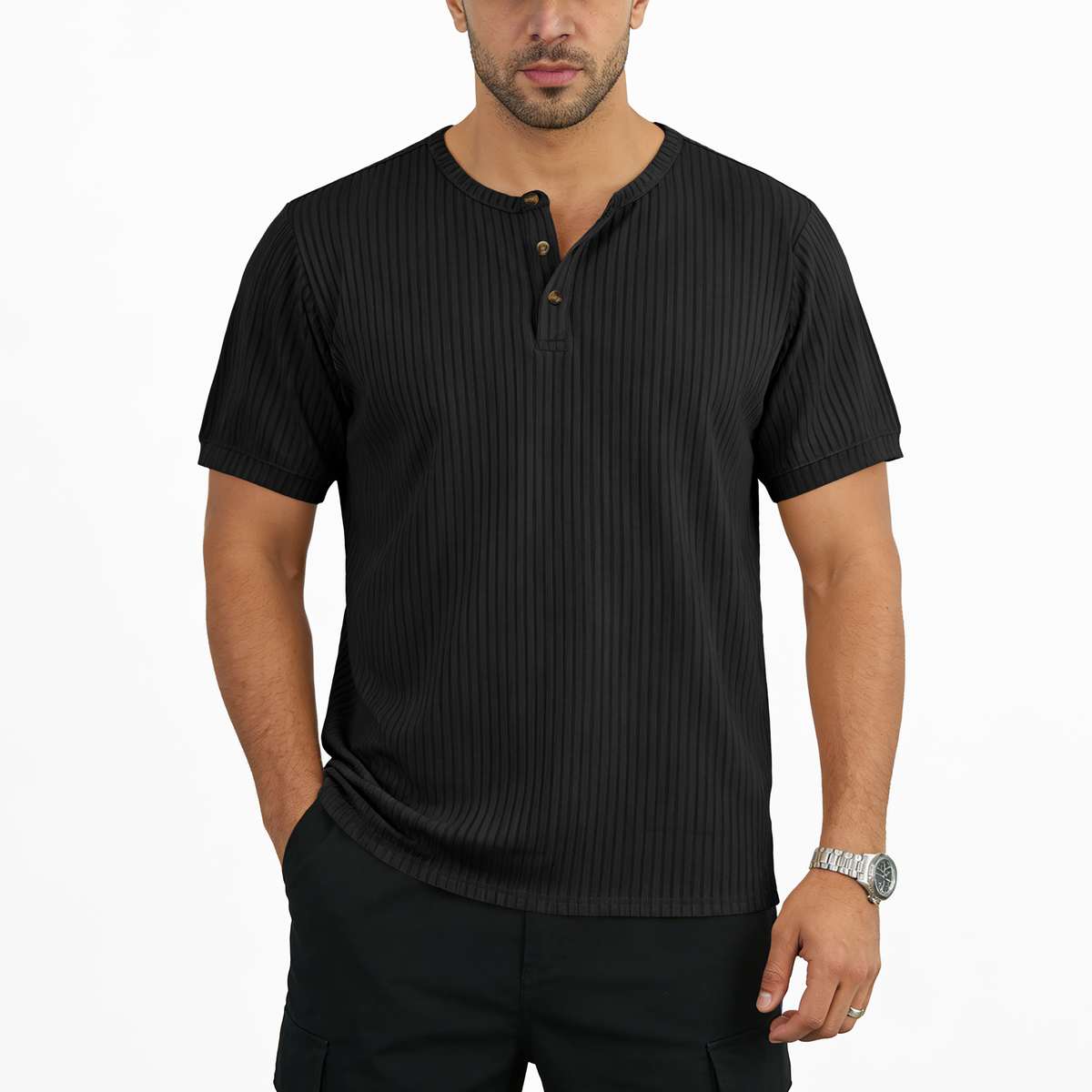 Herringbone Henry Shirt Short-sleeved Vertical-striped Button T-shirt