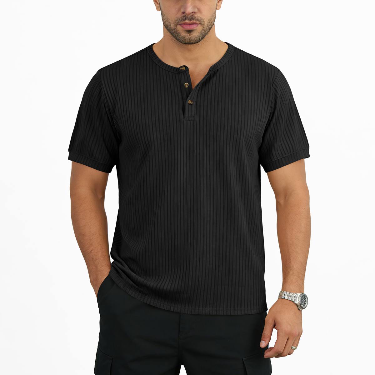 Herringbone Henry Shirt Short-sleeved Vertical-striped Button T-shirt