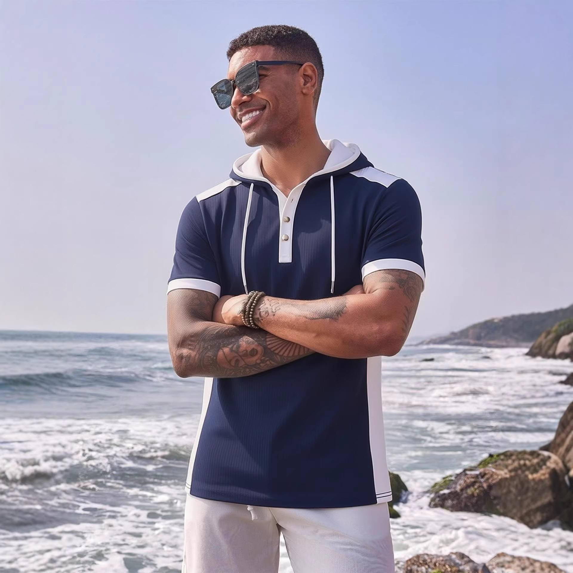 Mens Short-Sleeve Sports-Style Casual Hoodie