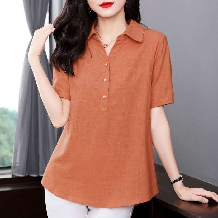 Womens Summer Loose-Fit Mid-Length Shirt With Lapel Collar
