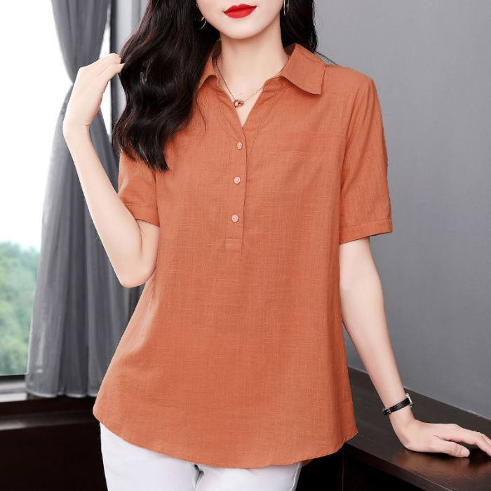 Womens Summer Loose-Fit Mid-Length Shirt With Lapel Collar