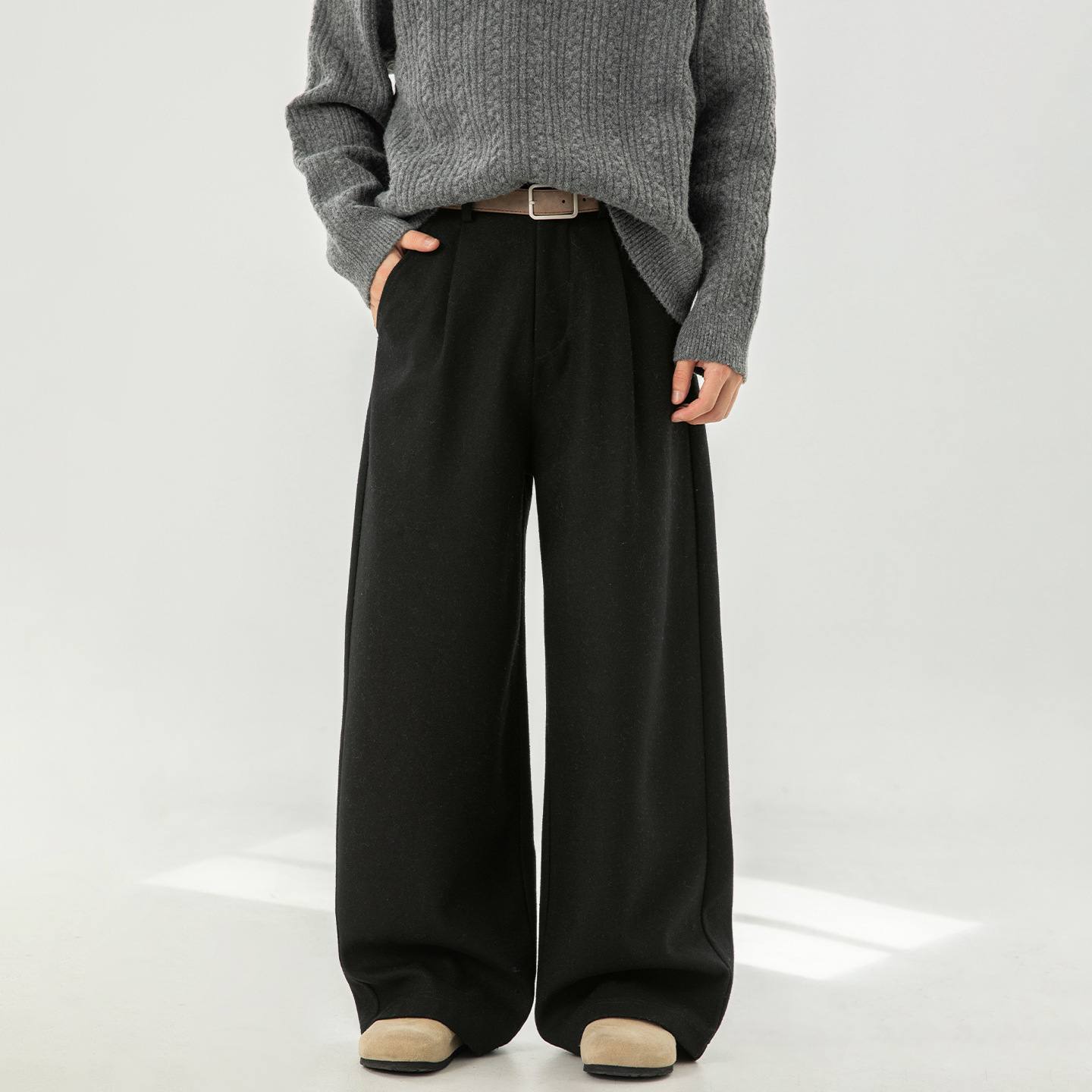 Wool Straight-leg Loose Pleated Casual Pants Thickened Long Trousers For Men
