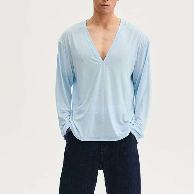 Mens Slightly Sheer Long-sleeve Drop-shoulder T-shirt