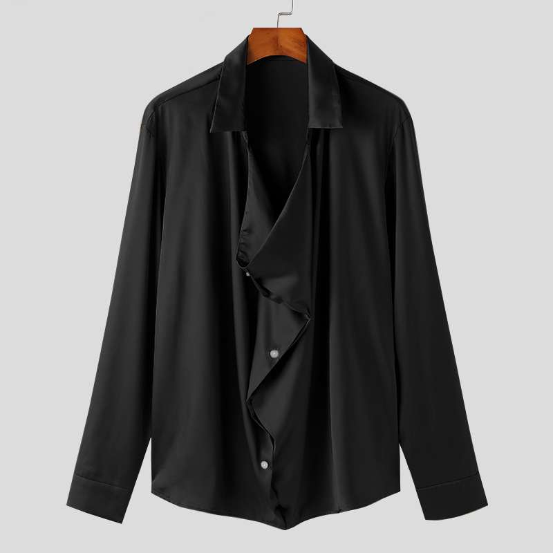 Mens Lightweight Mandarin-collar Long-sleeve Loose-fit Shirt