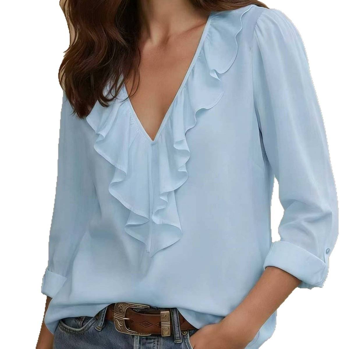 V-neck Lace-trimmed European And American-style Indie Womens New Blouse