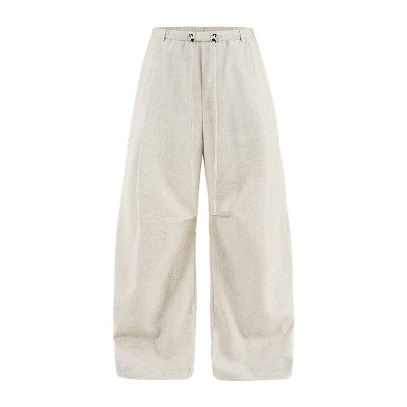 Mens Loose-fit Solid-color Cotton-linen Casual Pants