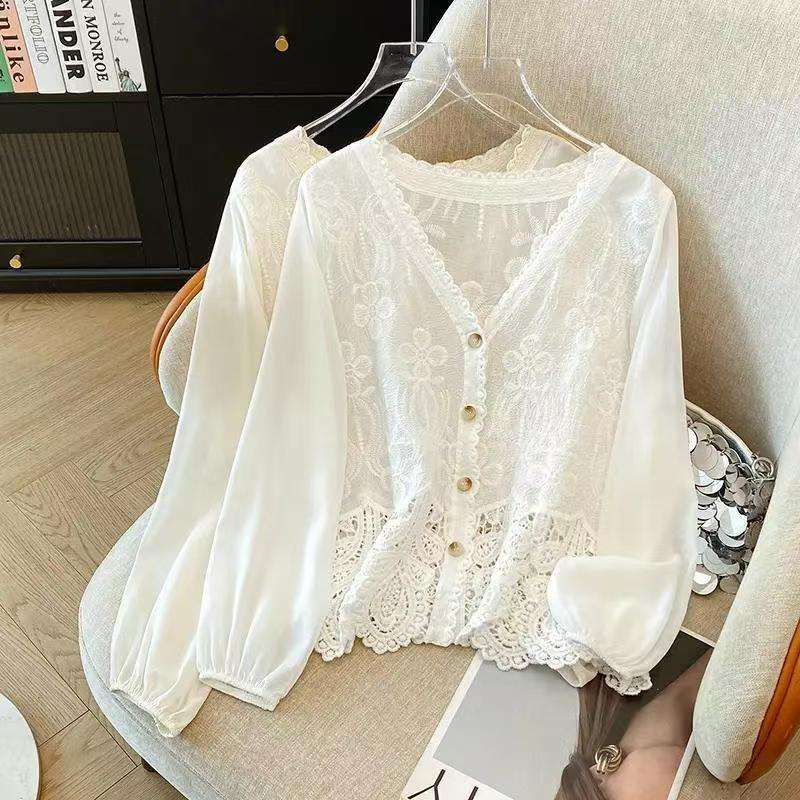 French-style Chic Crocheted Lace Hollow-out Puff-sleeve Chiffon Blouse