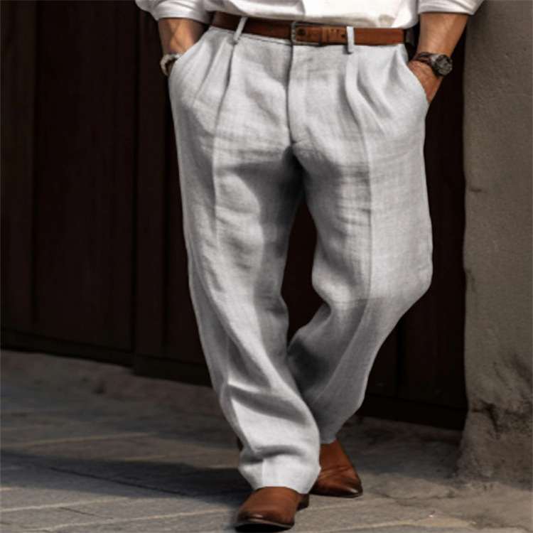 Mens Linen Trousers Double Pleats Front Pockets Straight-leg Solid Color