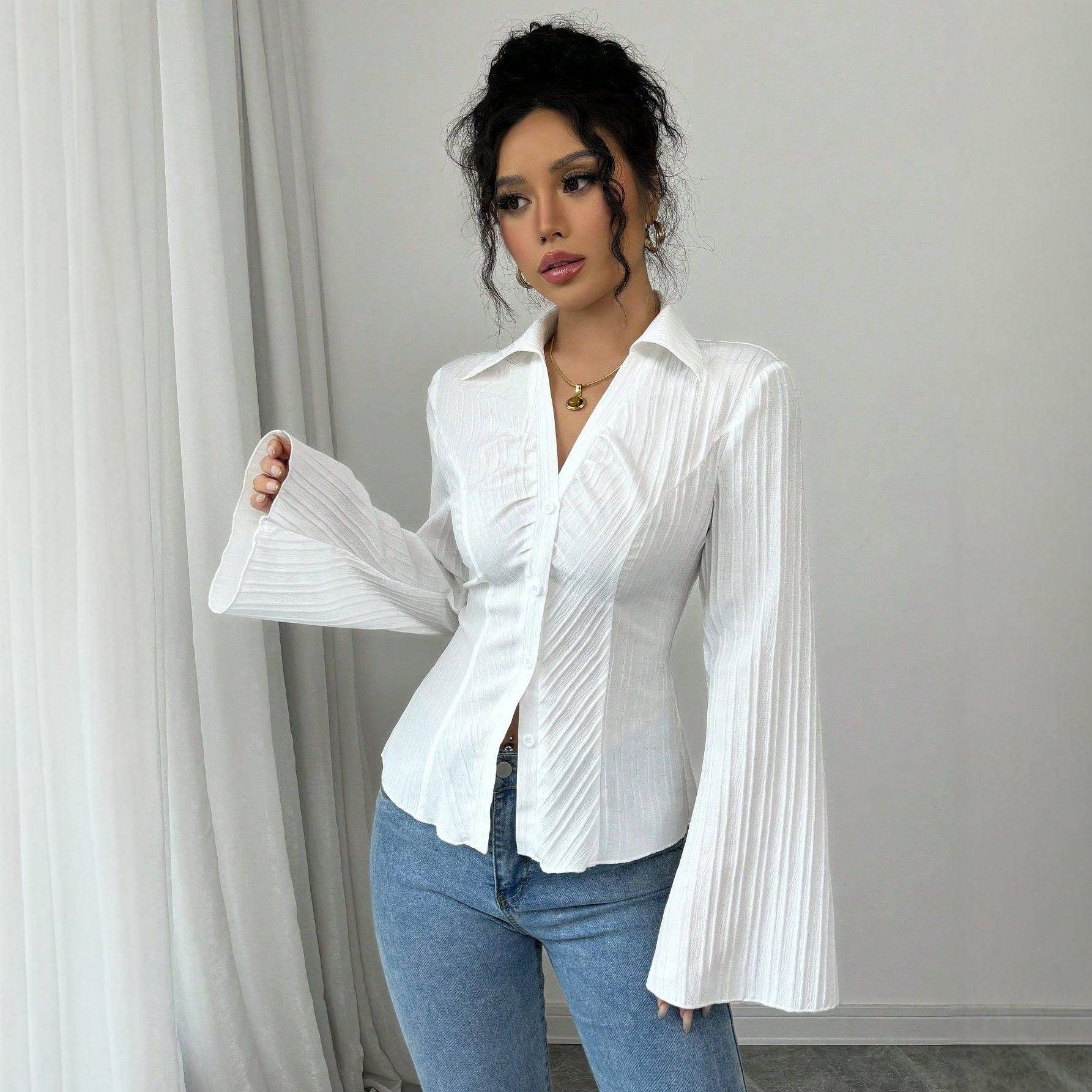 Notch-collar Waist-cinched Long-sleeve Blouse For Women