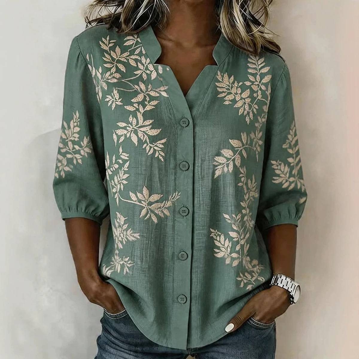Three-quarter-sleeve Minimalist Casual Womens Blouse
