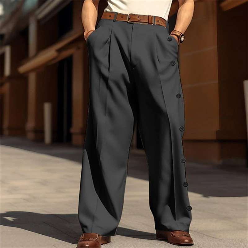 Mens Formal Solid-color Single-breasted Loose-fit Straight-leg Twill Suit Pants