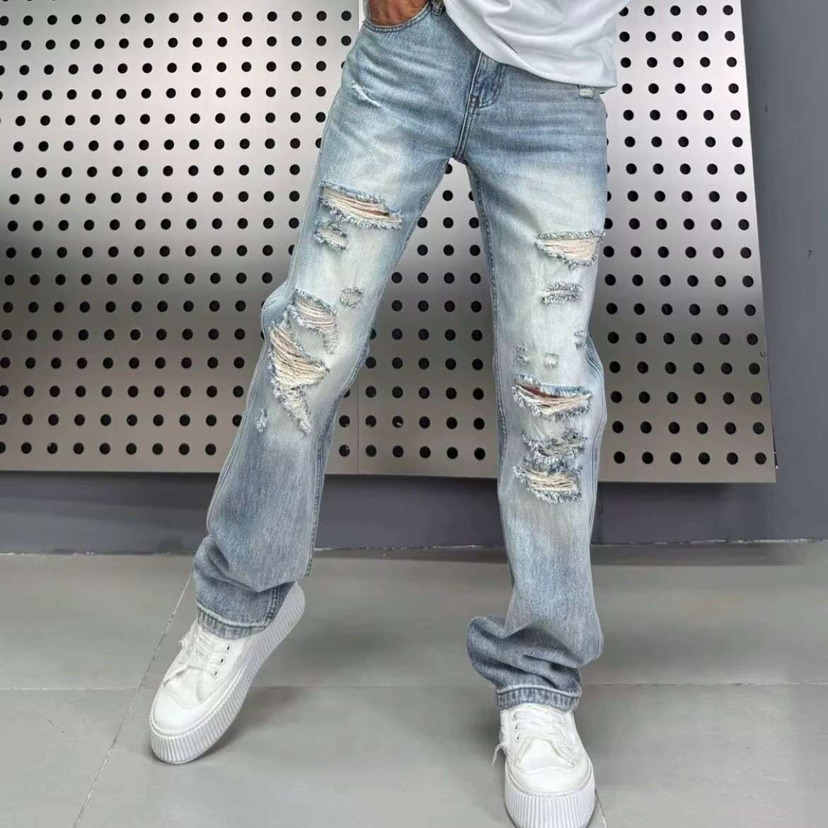Fumei Personalized Perforated Design Denim Casual Versatile High Street Straight Leg Pants
