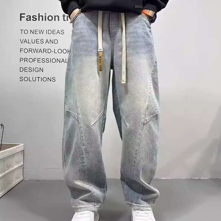Patchwork Vintage Washed Loose Straight-leg Pants American-style Edgy And Cool Sabre-cut Trousers