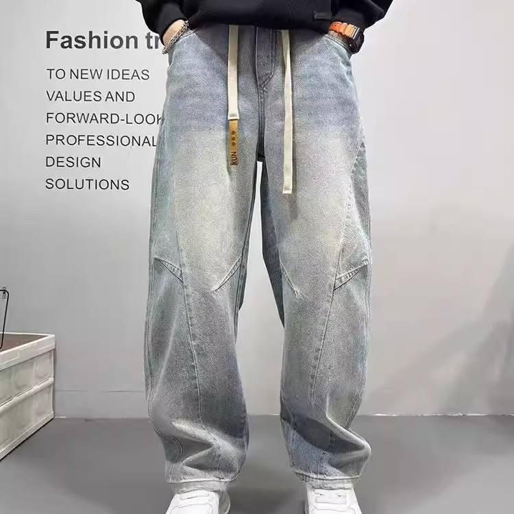 Patchwork Vintage Washed Loose Straight-leg Pants American-style Edgy And Cool Sabre-cut Trousers