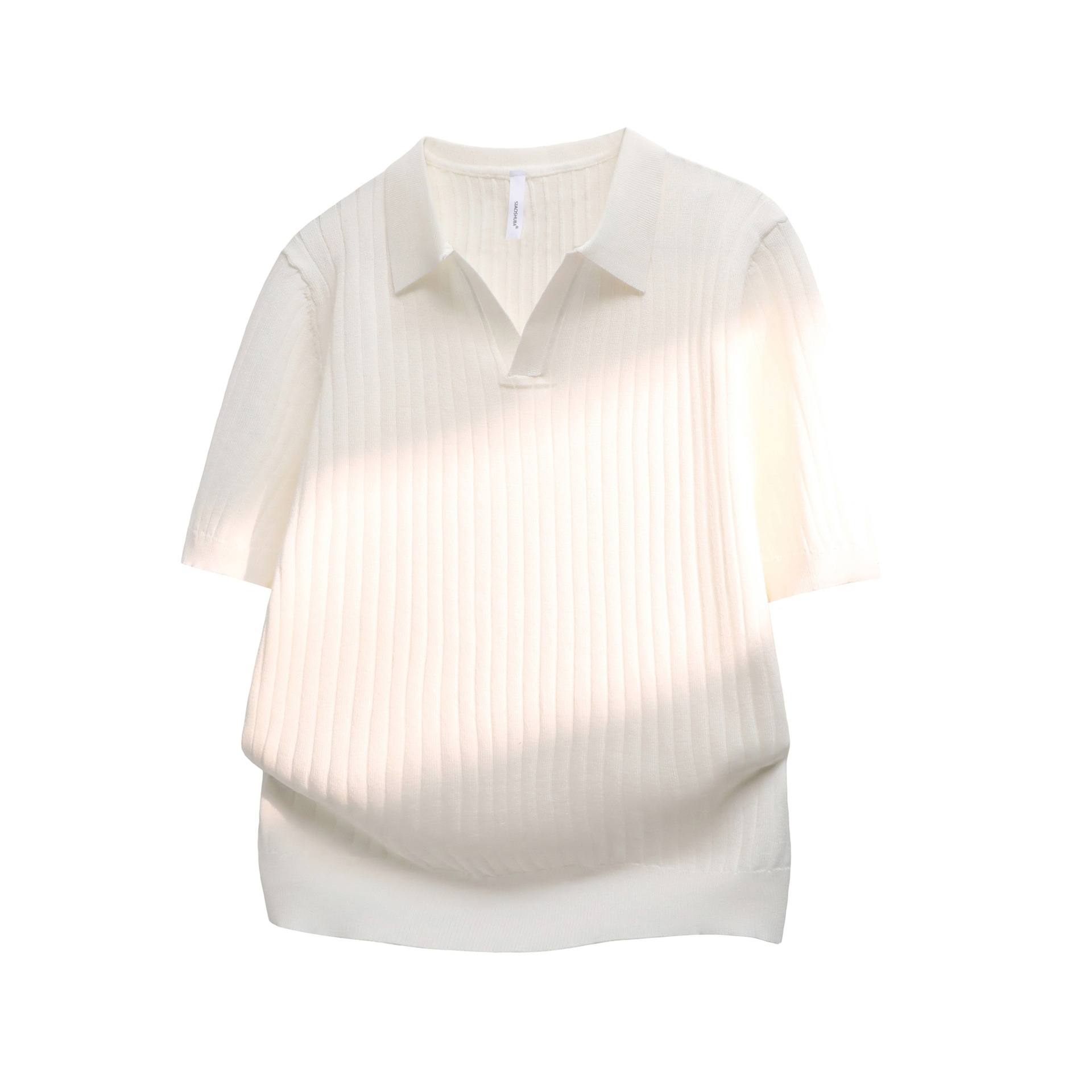 Notch-collar Striped Half-zip Knit T-shirt