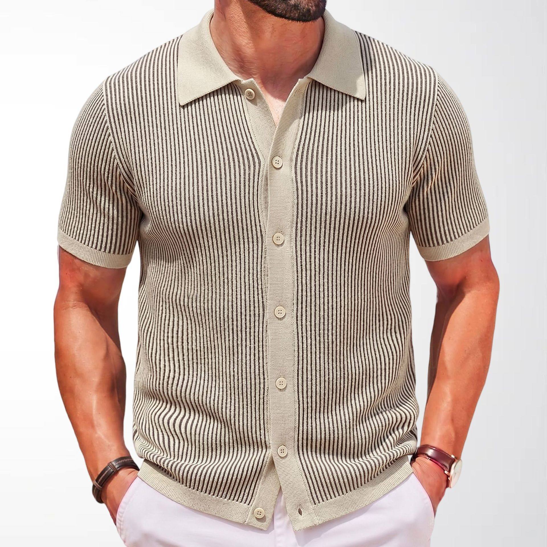 Mens Vertical-Striped Colorblock Lapel Knit Sweater