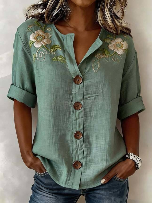 Lantern-sleeve Printed Button-up Womens Blouse