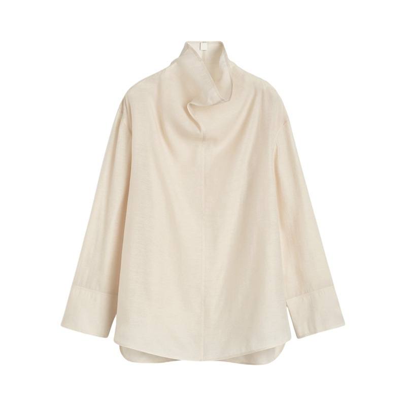 Womens Solid-color Loose-fitting Funnel-neck Blouse