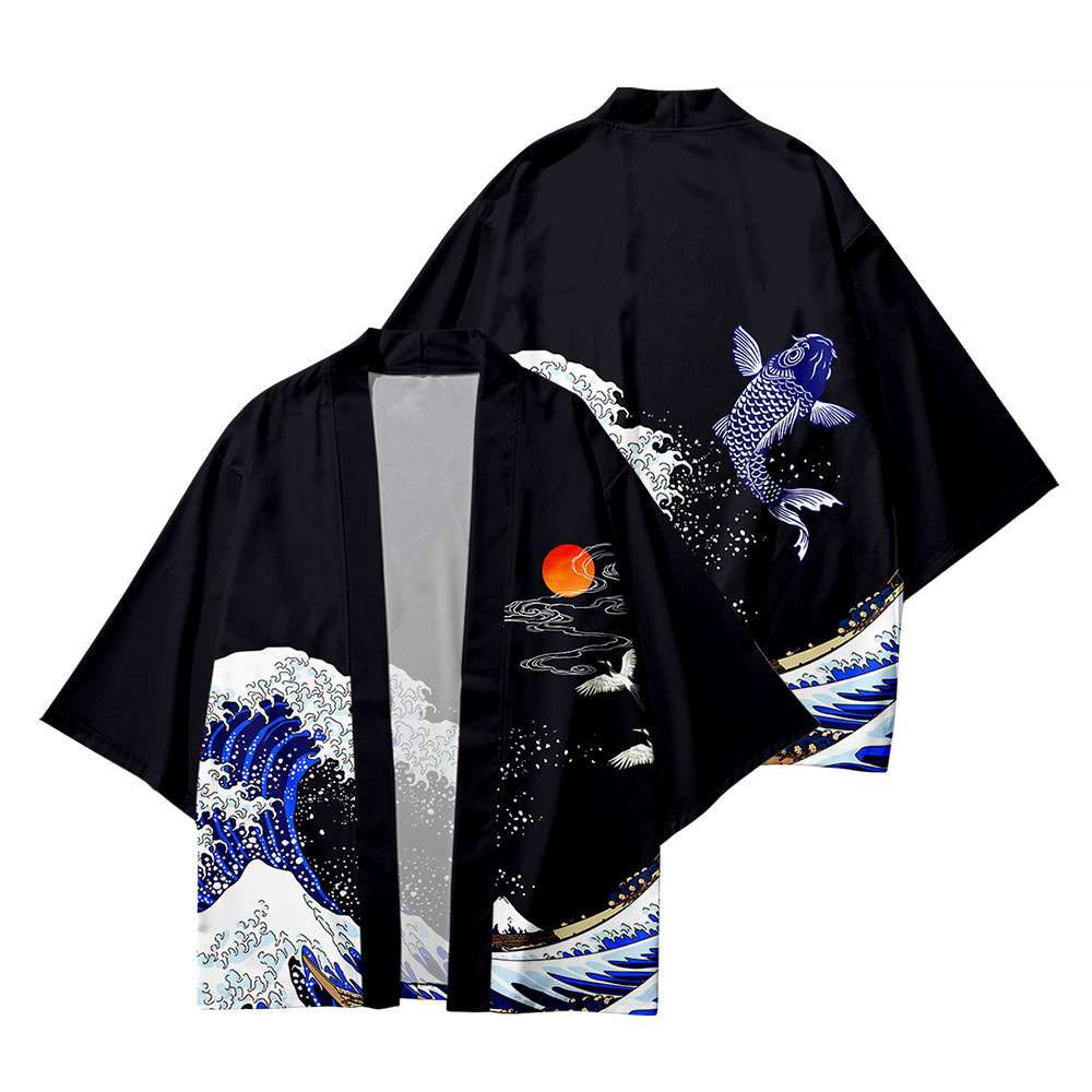 Creative Carp-Print T-Shirt With Feather Cape