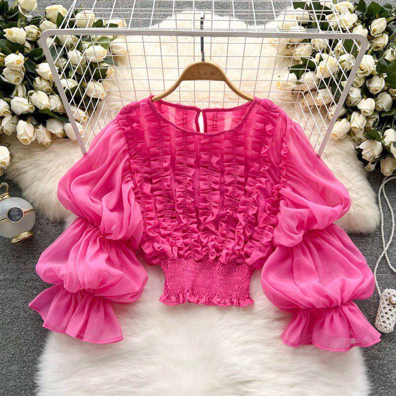 Womens Solid-color Ruffled-edged French-style Puff-sleeve Top