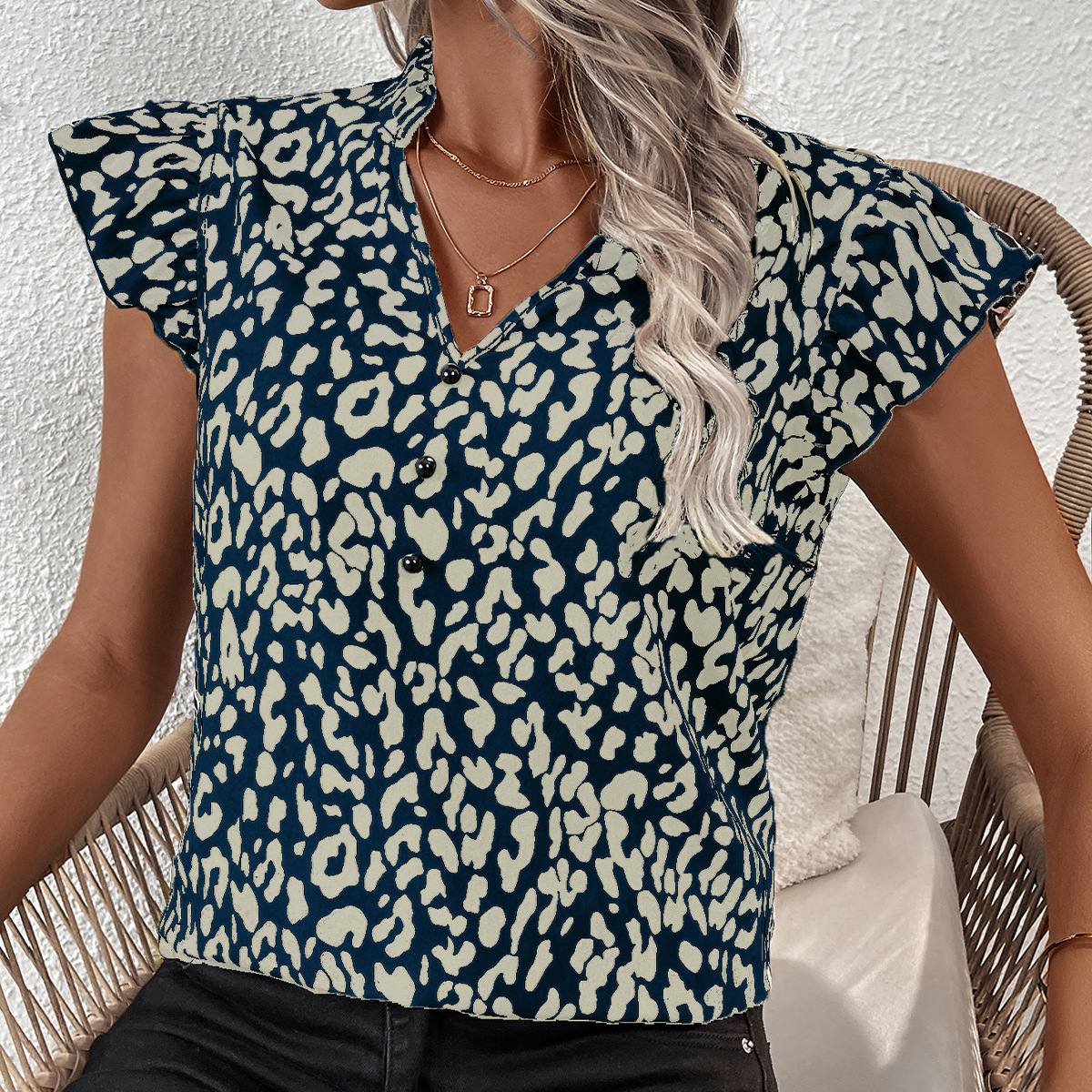 Loose-fit Leopard-print Puff-sleeve V-neck Blouse