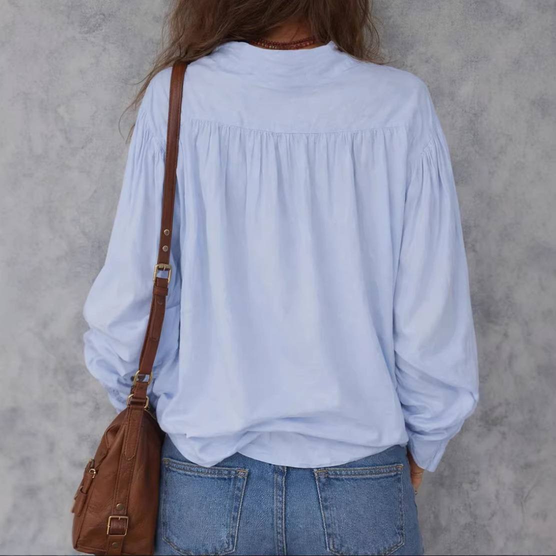 Womens Textured Ruffled-cuff Blouse