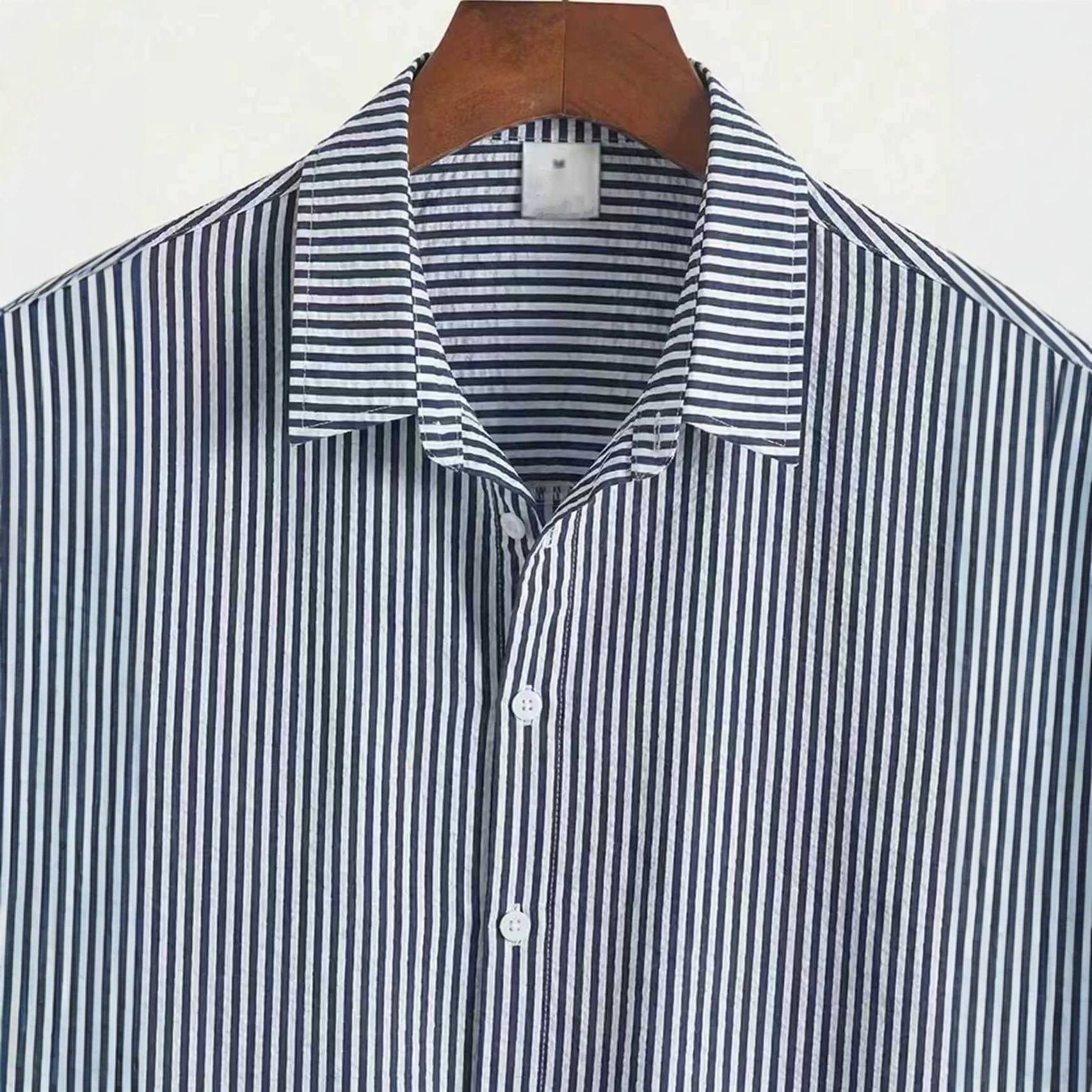 Mens Striped Short-sleeve Loose-fit Casual Shirt