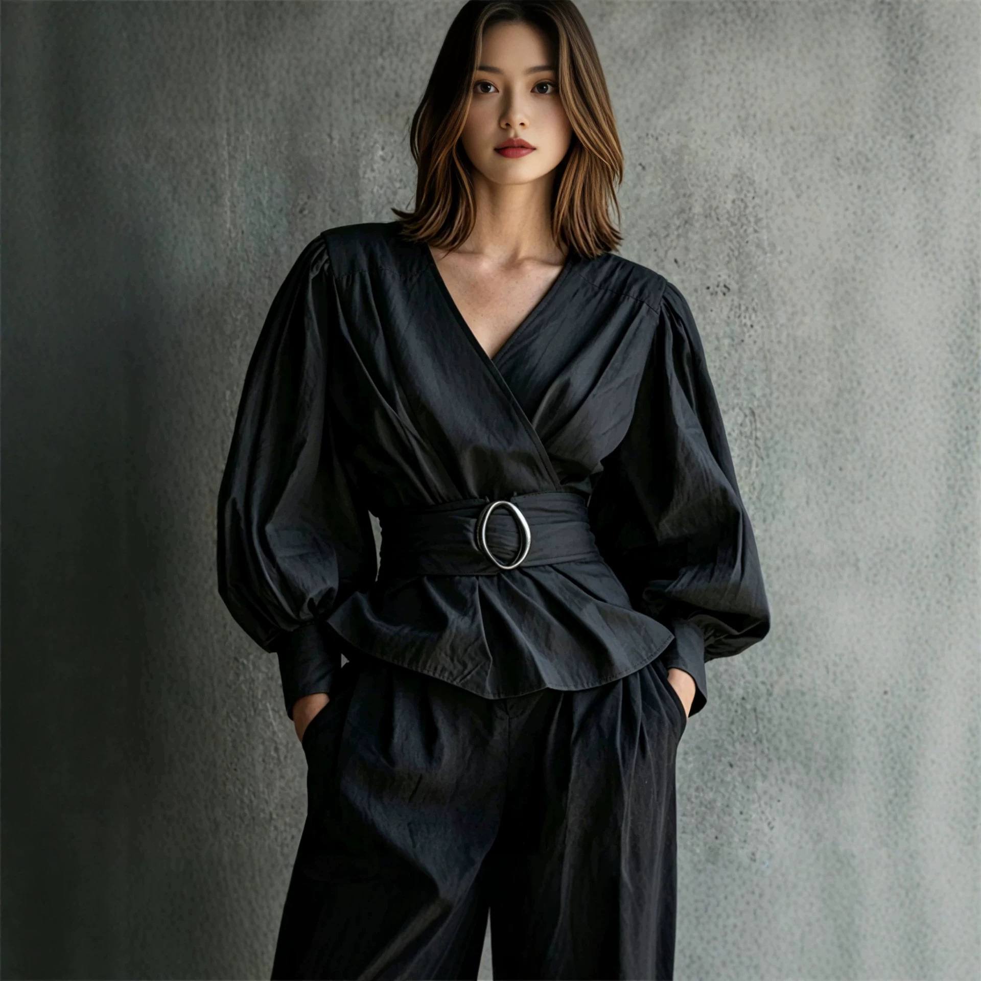 Womens V-neck Blouse With Ruffled Cuffs And Puff Sleeves