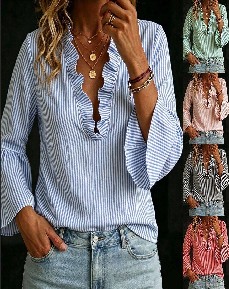 Womens Striped Ruffled-collar Blouse With A V-neck And Flared Sleeves