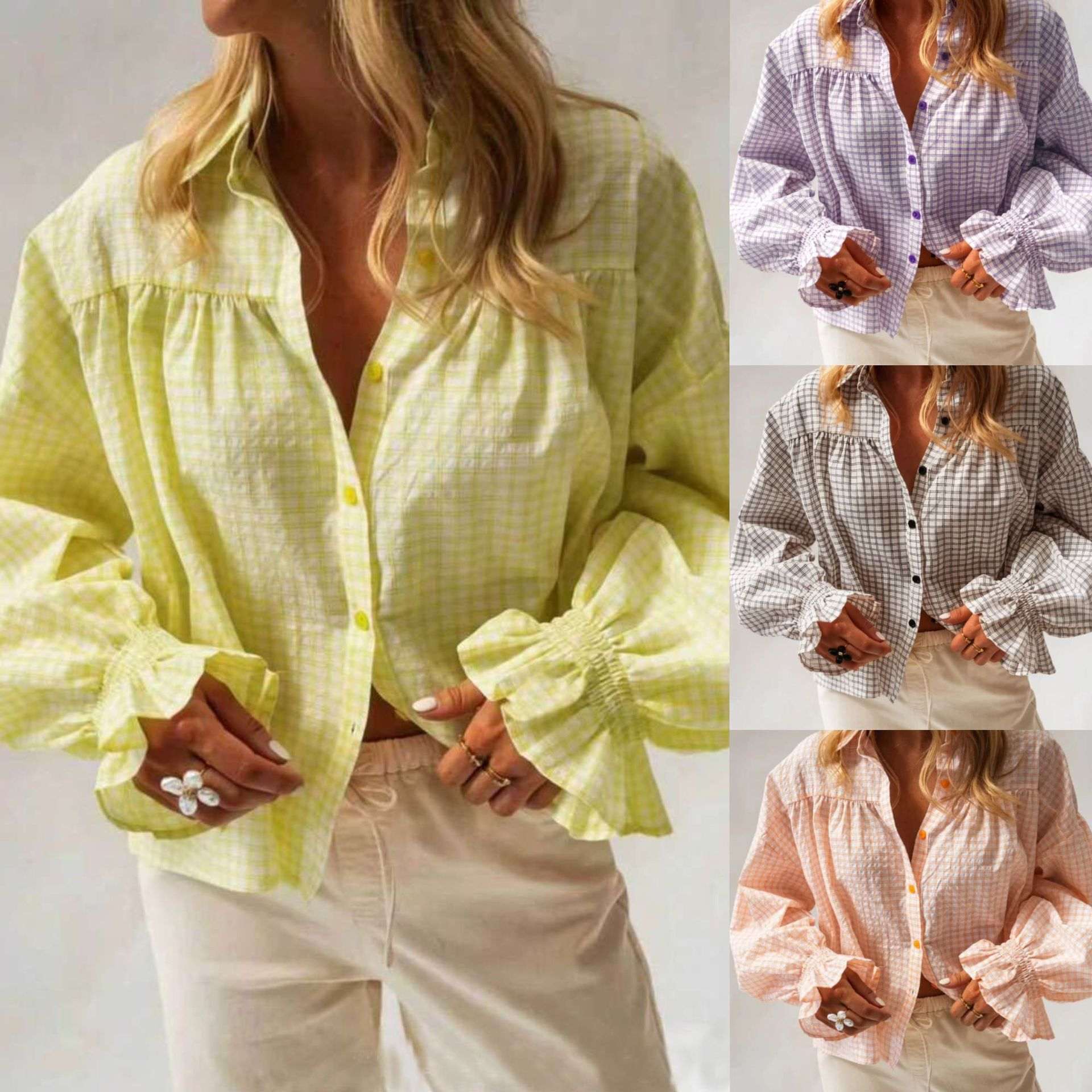 Arrival Plaid Long Leeve Shirt With Bell Sleeves