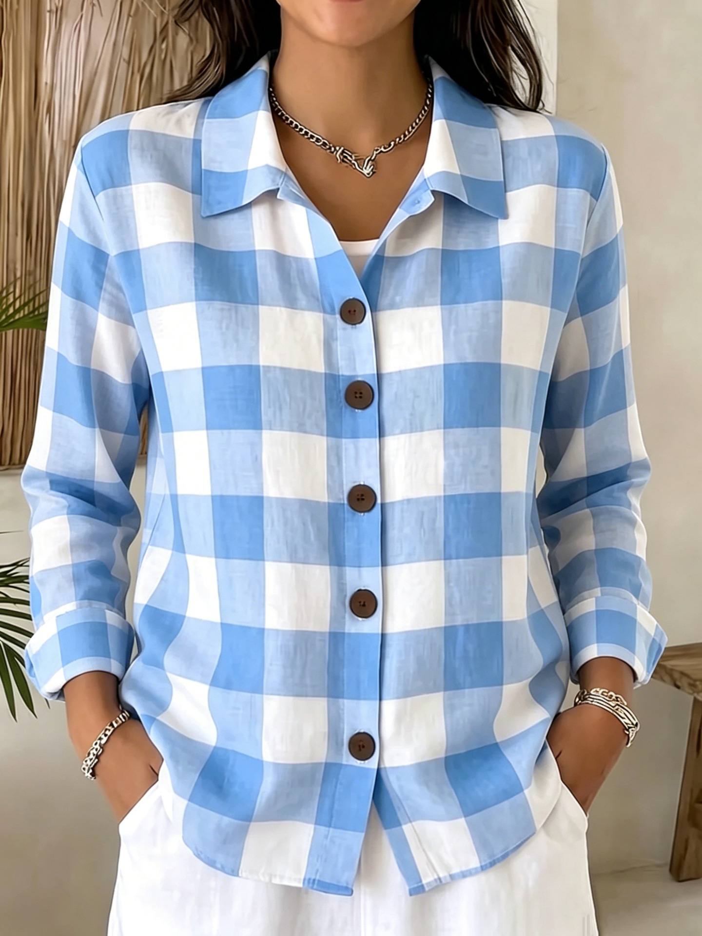 Comfortable Buttoned Plaid Womens Long-Sleeve Shirt