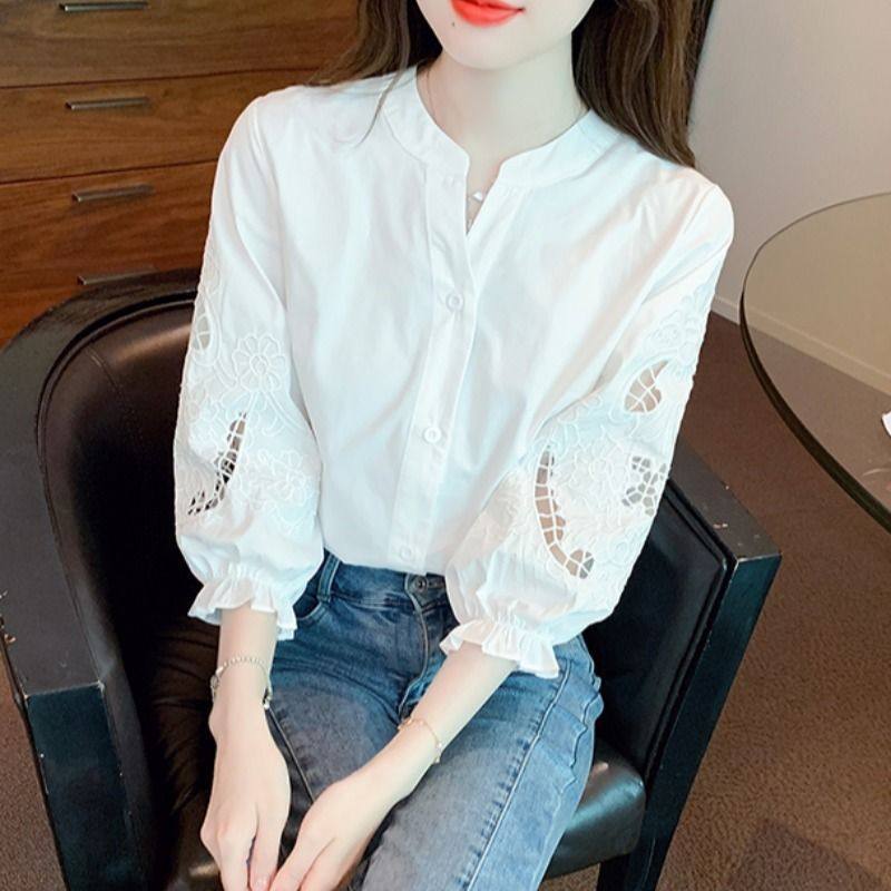 Summer Blouse With Three-quarter-length Sleeves In White Chiffon