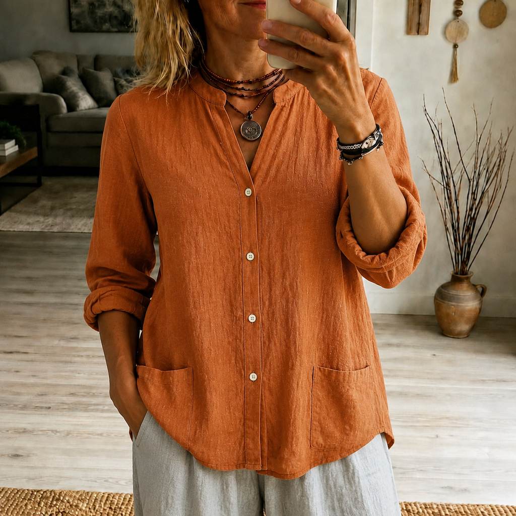 Womens Casual Loose-Fit Solid-Color V-Neck Shirt With Pockets