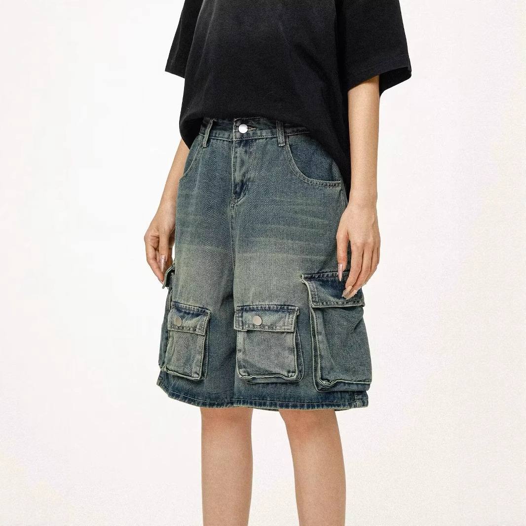 Summer New Vintage Multi-pocket Mens Loose-fit Denim Work Pants