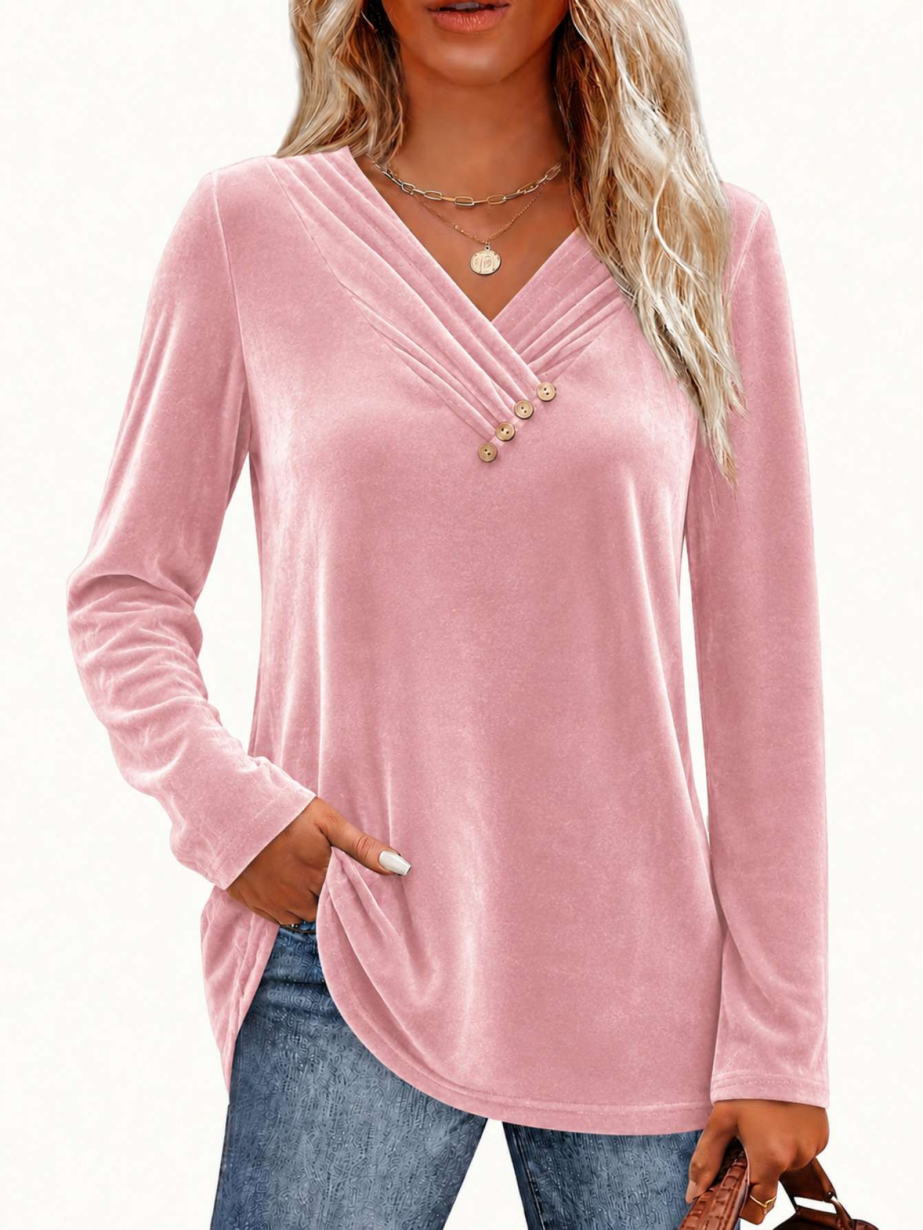 Solid-color V-neck Button Womens Long-sleeve T-shirt