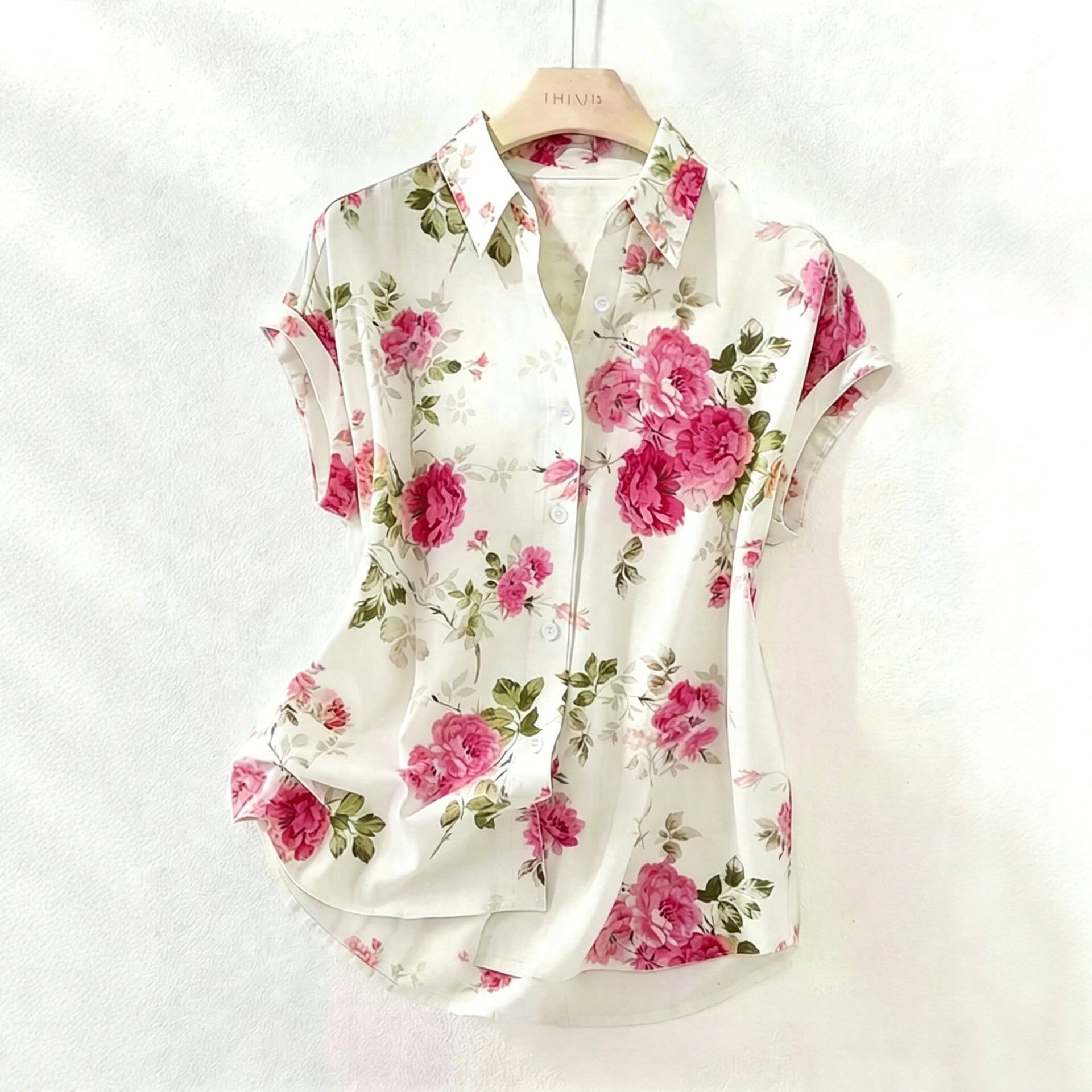 Elegant And Casual Floral-print Lapel Womens Blouse