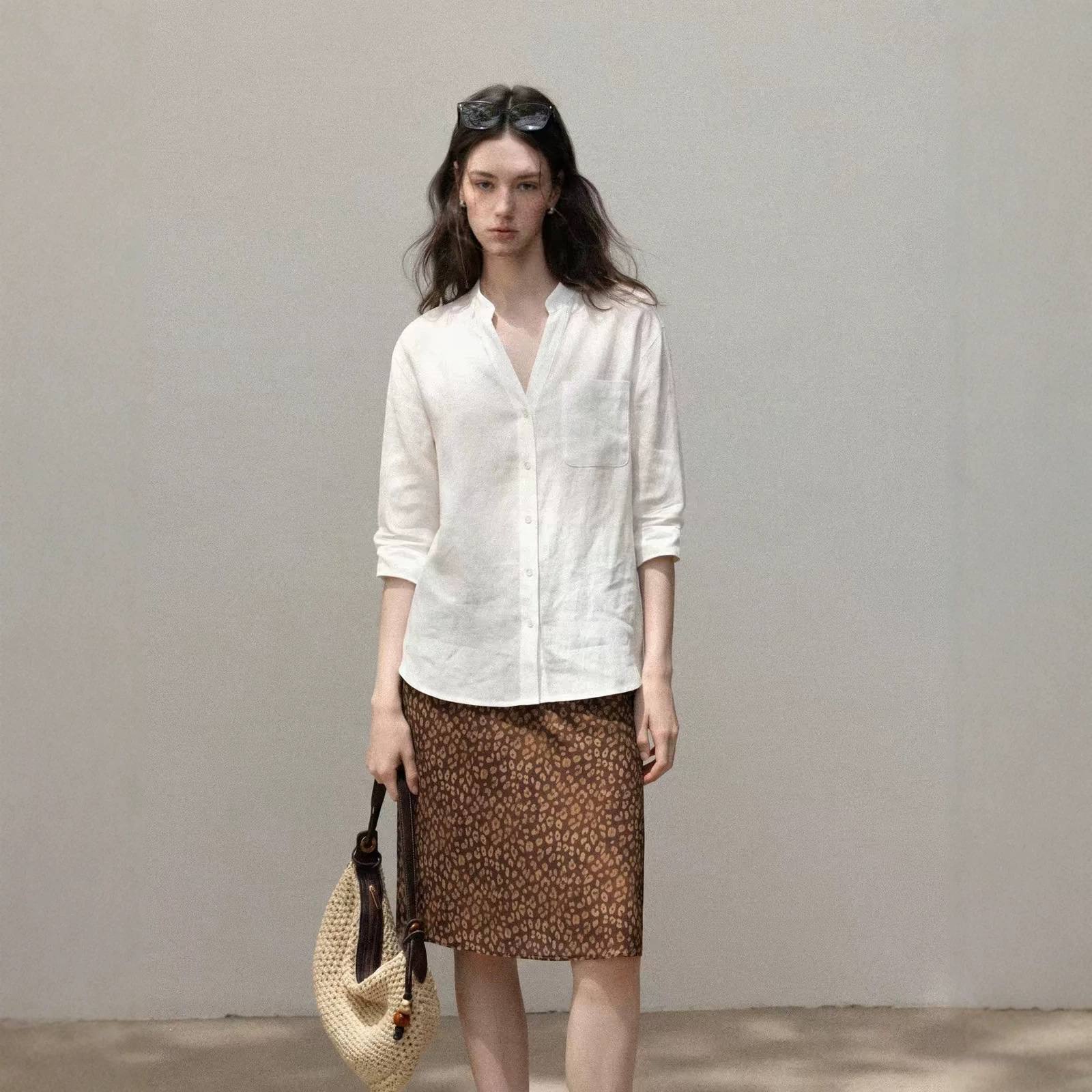 Womens Lyocell-Linen White V-Neck Three-Quarter-Sleeve Shirt